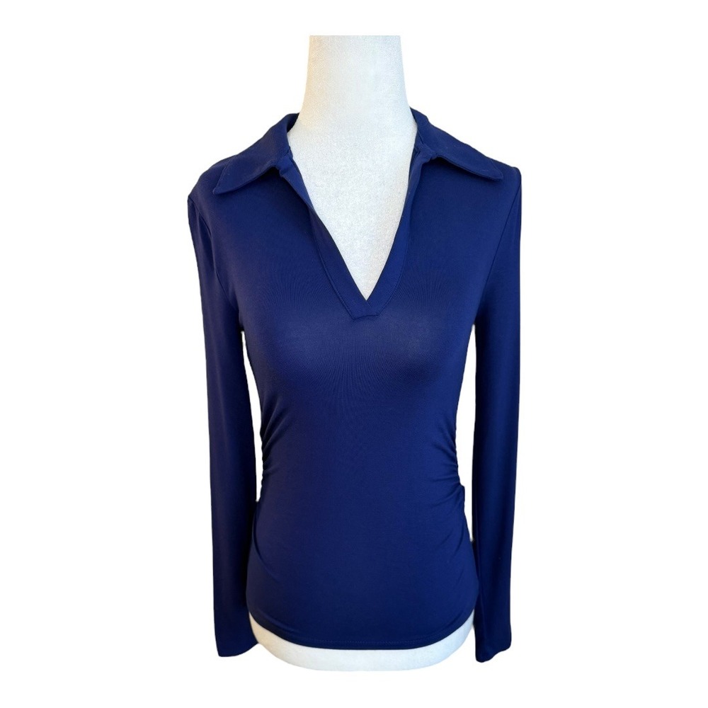 NEW Madewell Side-Cinch Long-Sleeve Polo Top Fitted Neck Career Casual‎ Blue XXS
